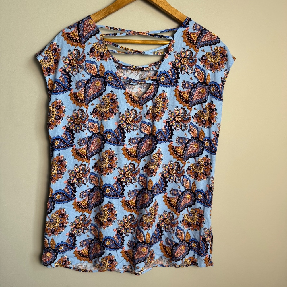 SoyaConcept Women's Floral Short Sleeve Pullover Blouse Blue Large Boho‎ Paisley - Picture 4 of 12